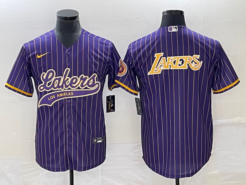 Men's Los Angeles Lakers Team Big Logo Purple Cool Base With Patch Stitched Baseball Jersey Men's Los Angeles Lakers Team Big Logo Purple Cool Base With Patch Stitched Baseball Jersey
